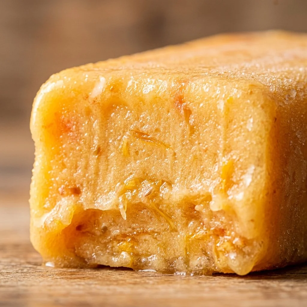 Homemade Peach Sorbet Bars served in a dish with fresh peaches