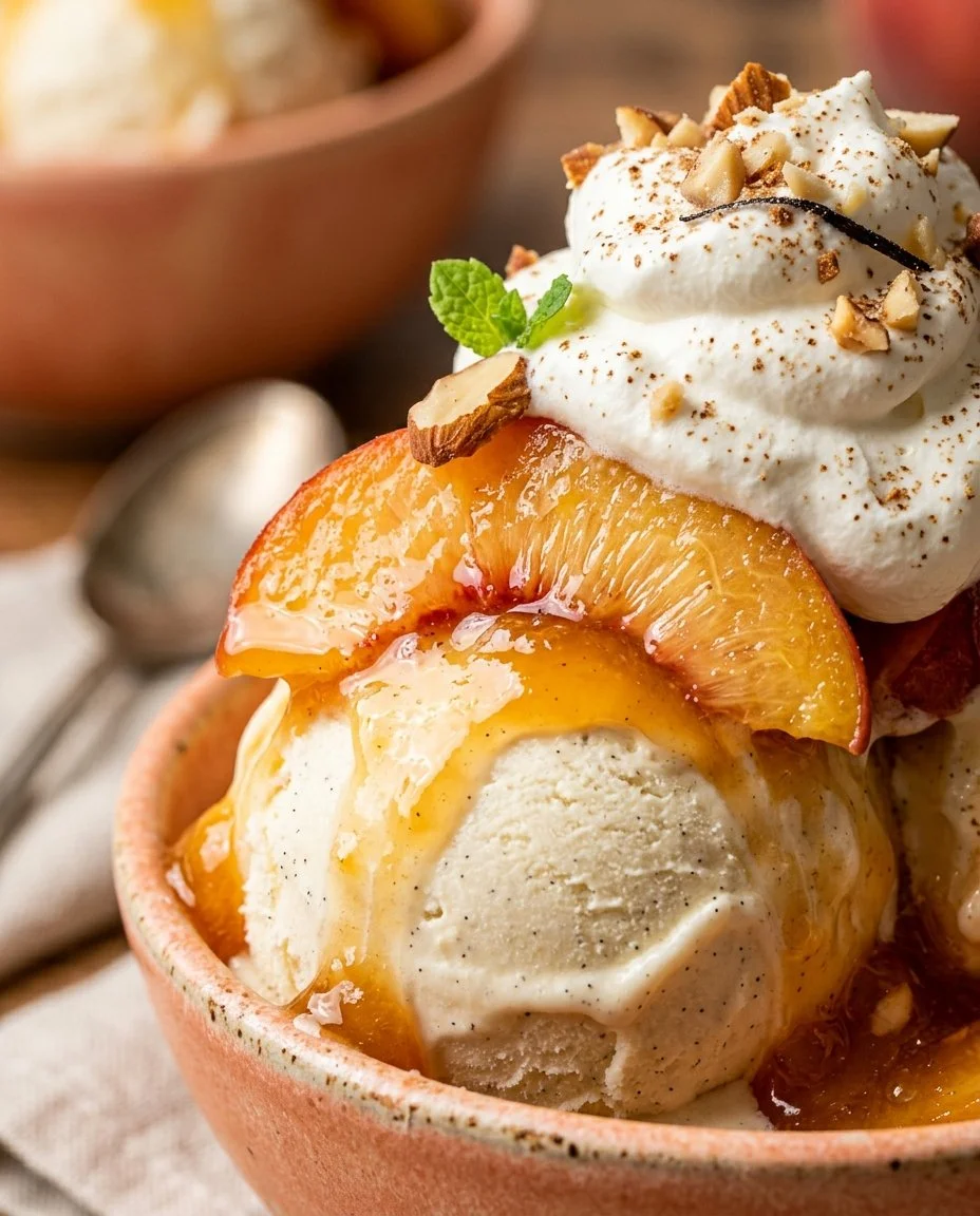 Delicious Peach Sundae topped with fresh peaches and ice cream