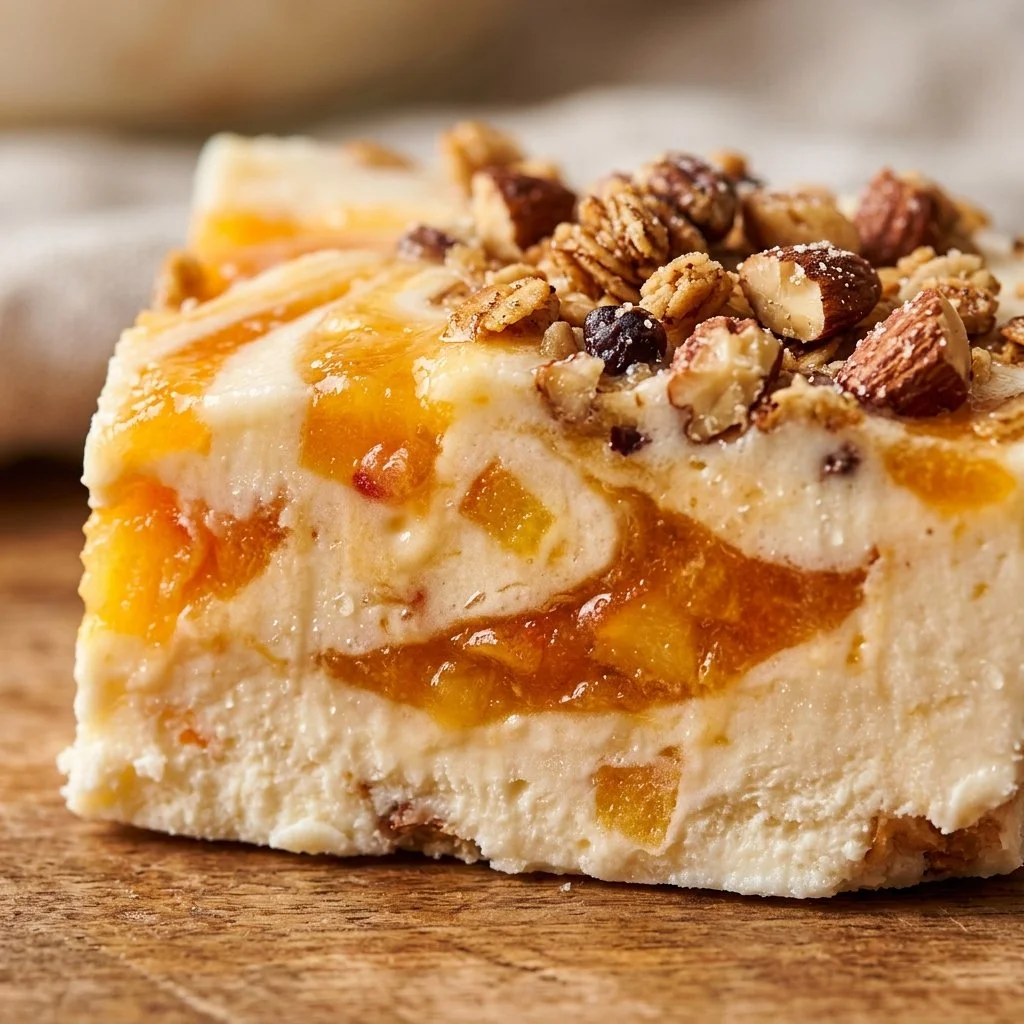 Peach Swirl Frozen Yogurt Bark with fresh peaches and yogurt on a tray
