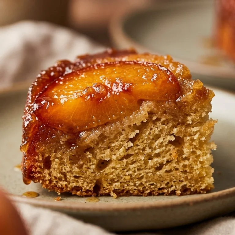 Peach upside-down mini cakes displayed on a wooden table.