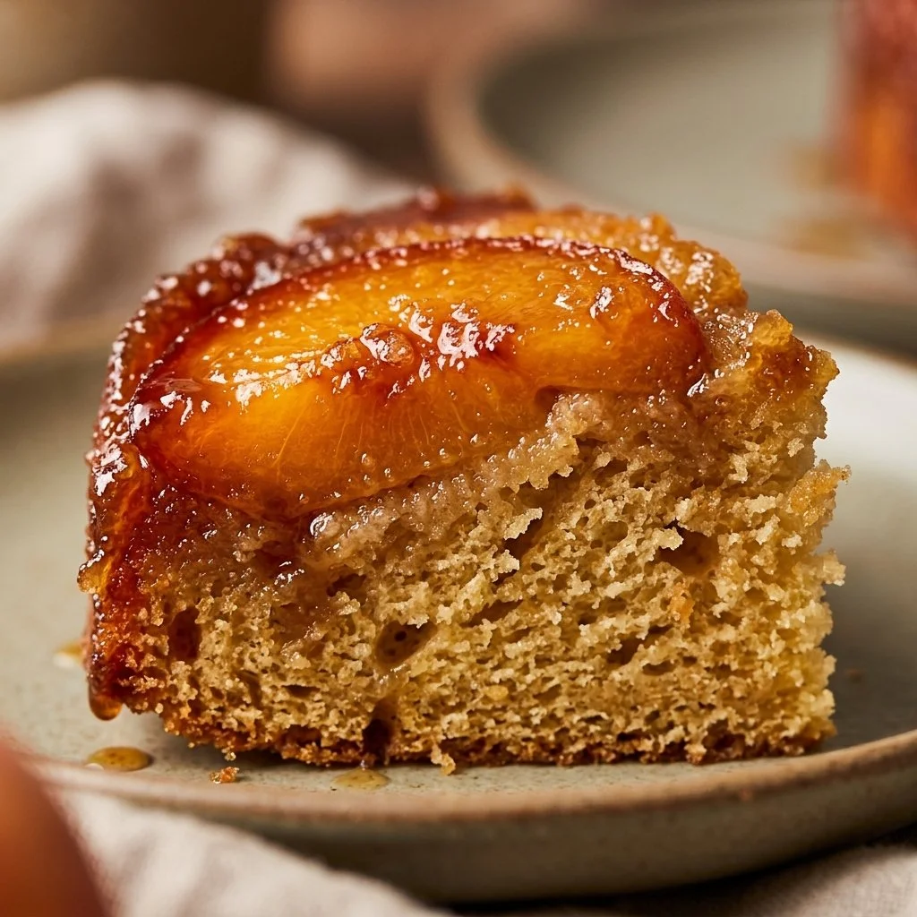 Peach upside-down mini cakes displayed on a wooden table.