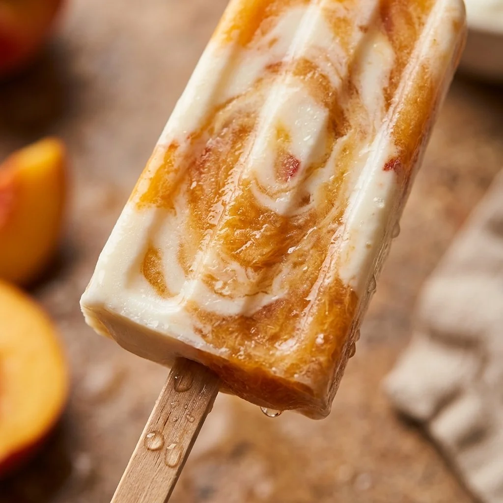 Delicious homemade Peach Yogurt Swirl Ice Pops ready to enjoy on a sunny day.