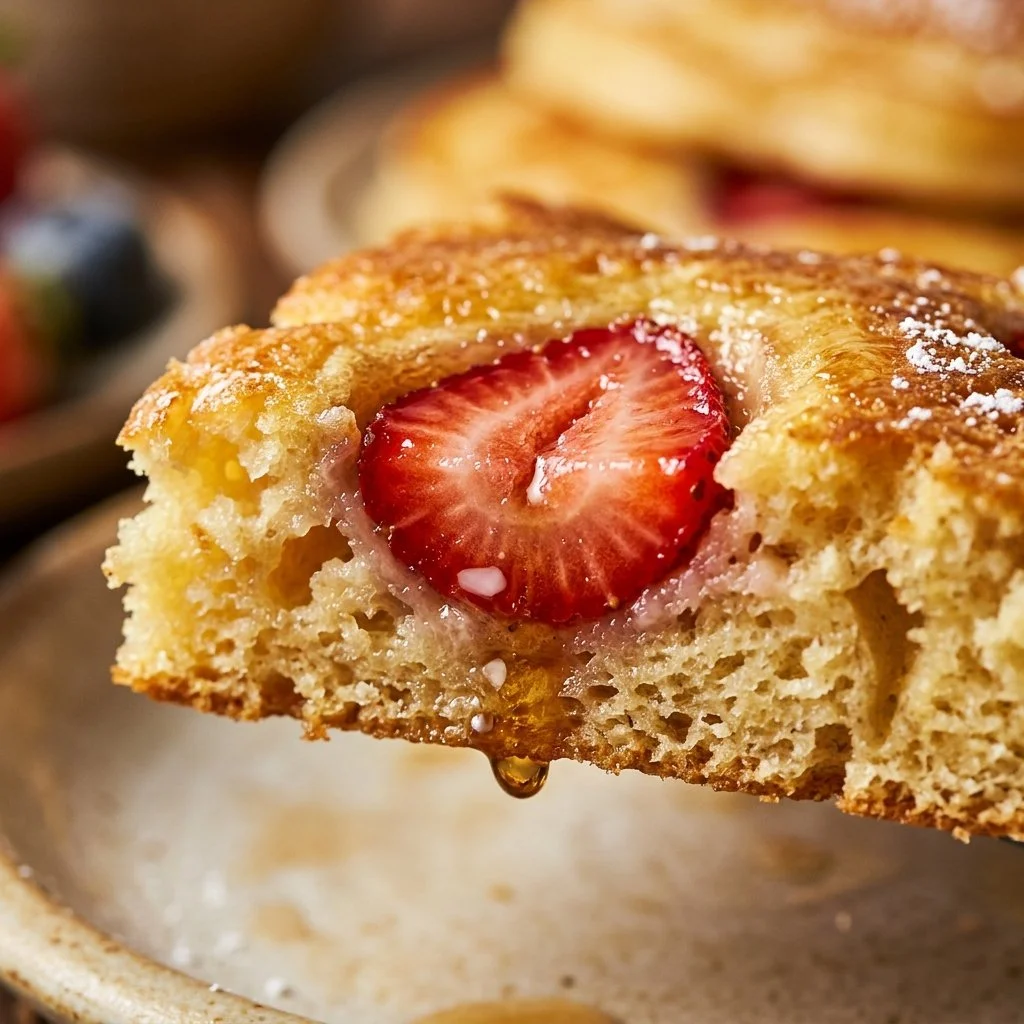 Sheet pan pancakes with fresh strawberries on a serving plate