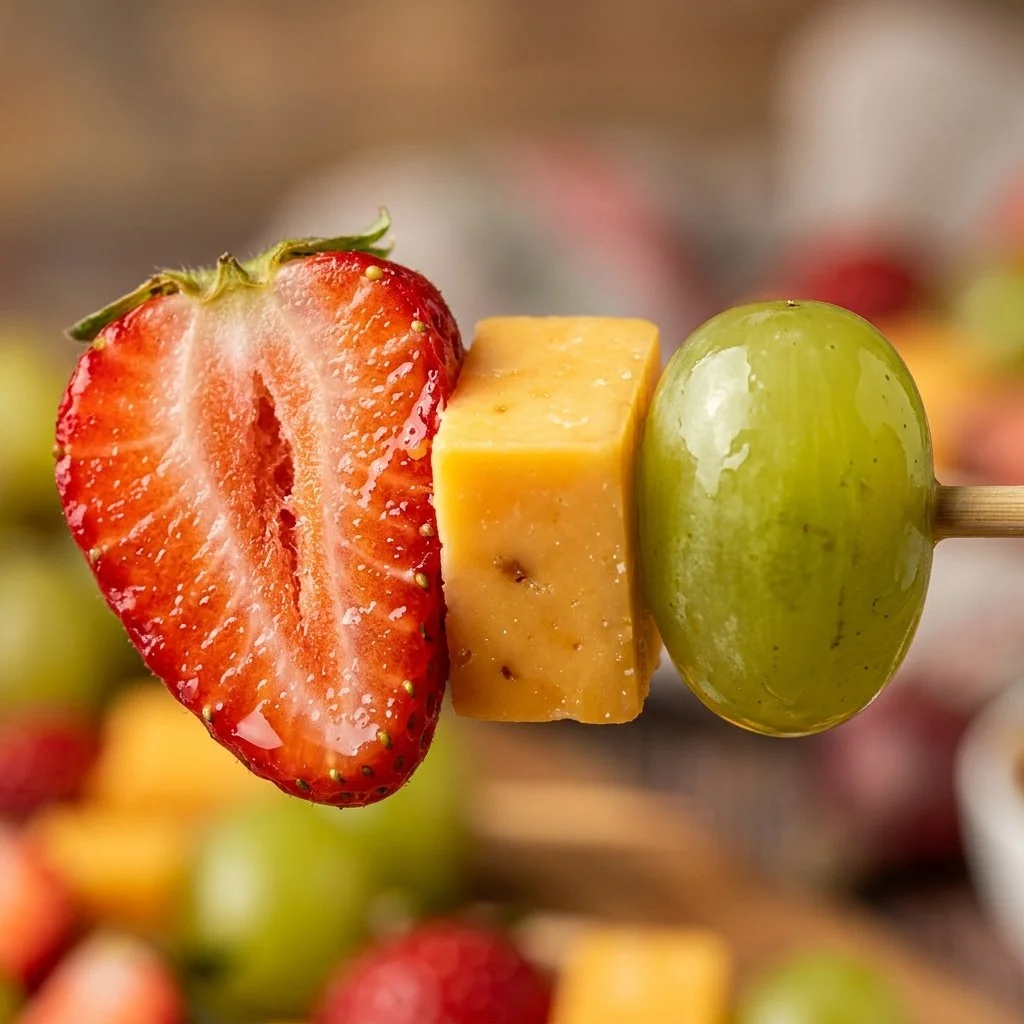Colorful skewer appetizers with assorted fruit and cheese on a platter.