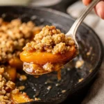 Delicious skillet peach crumble topped with a crispy oat coating