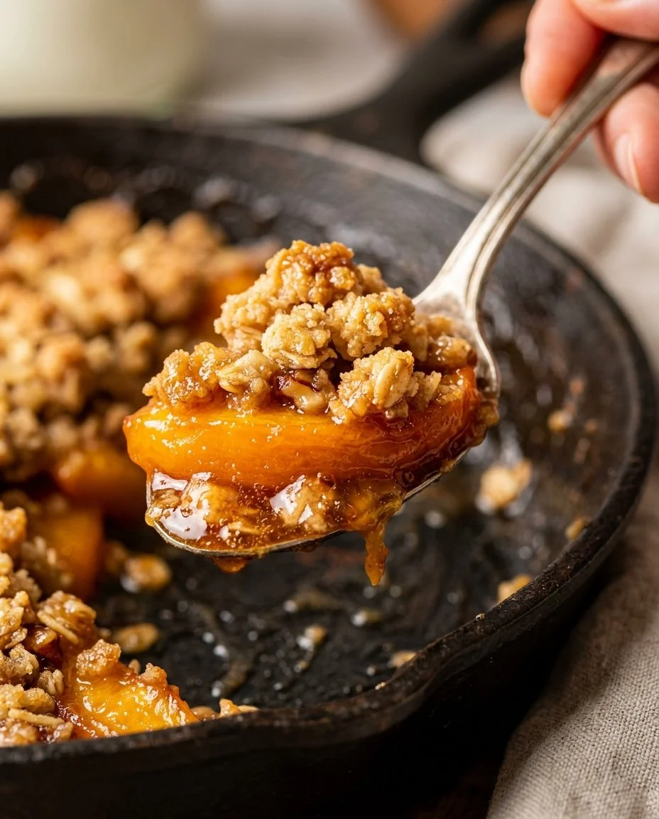 Delicious skillet peach crumble topped with a crispy oat coating