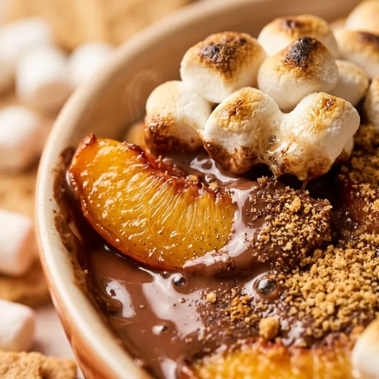 Skillet Peach S'mores Dip topped with melted chocolate and marshmallows