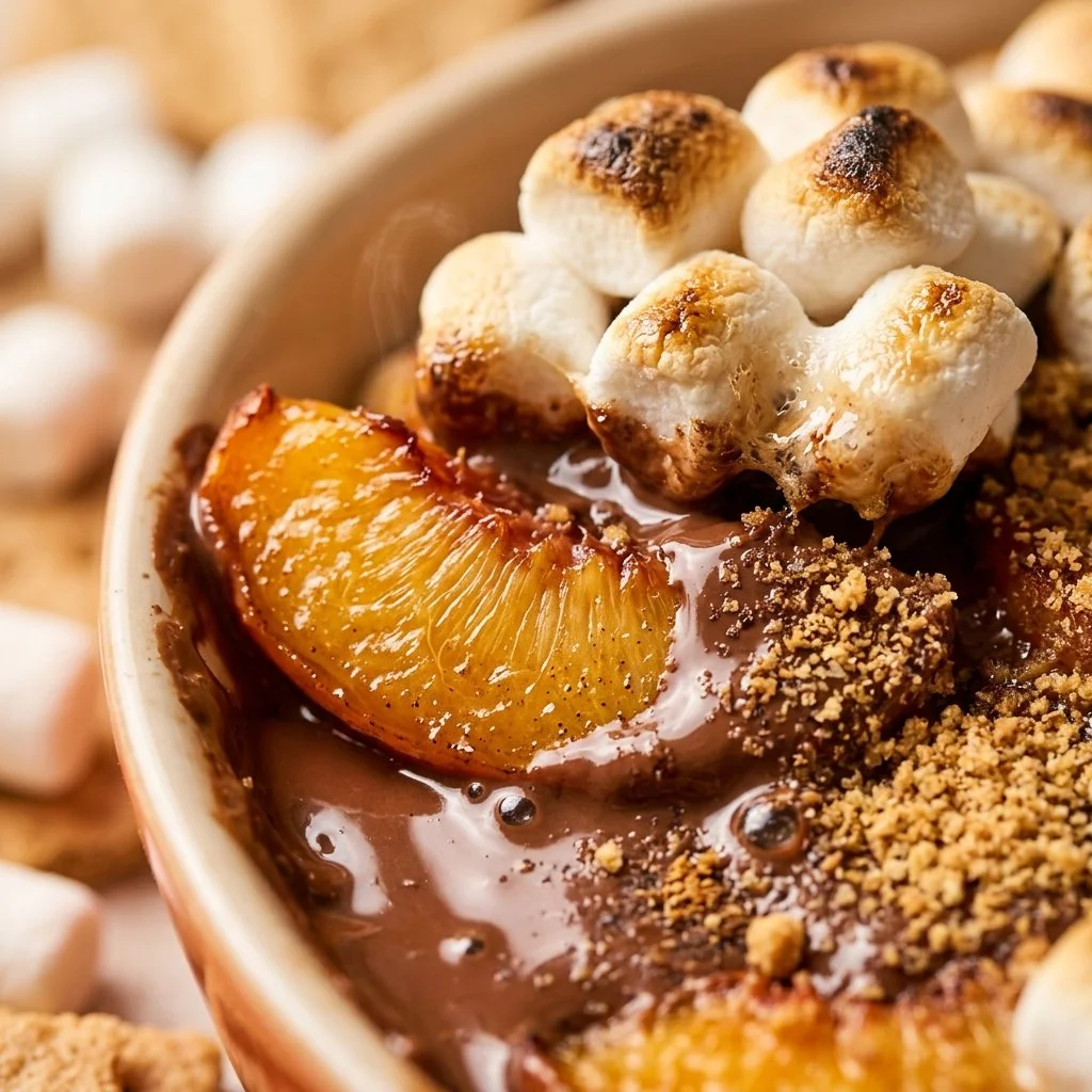 Skillet Peach S'mores Dip topped with melted chocolate and marshmallows