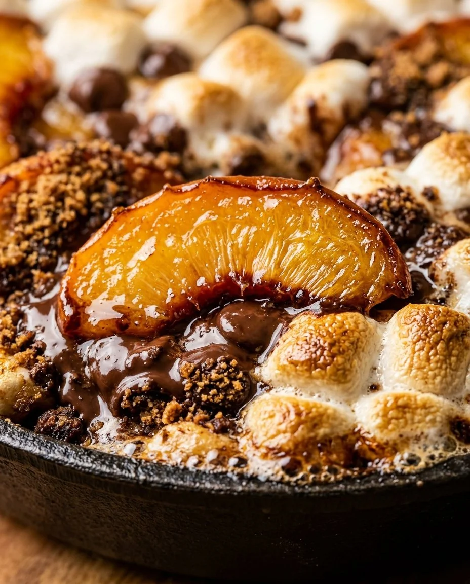 Delicious Skillet Peach S'mores Dip served in a skillet with melted chocolate and marshmallows.