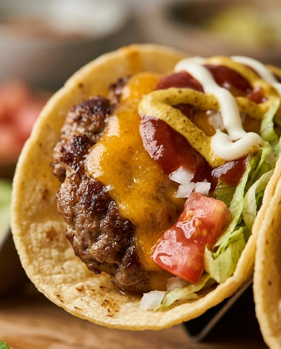 Delicious smash burger tacos served with a sweet caramel dessert