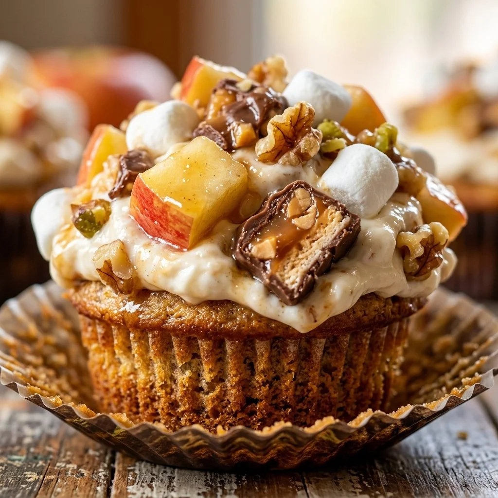 Delicious Snickers Apple Salad Muffin Cups served as a sweet dessert.