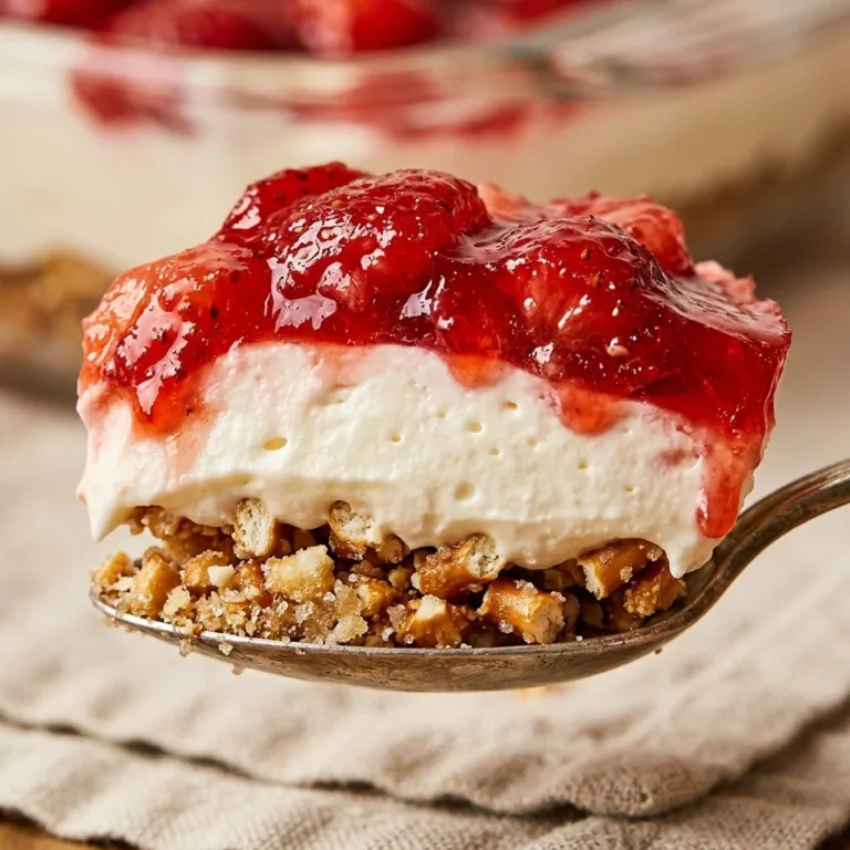 Layered Strawberry Pretzel Salad with fresh strawberries and a pretzel crust