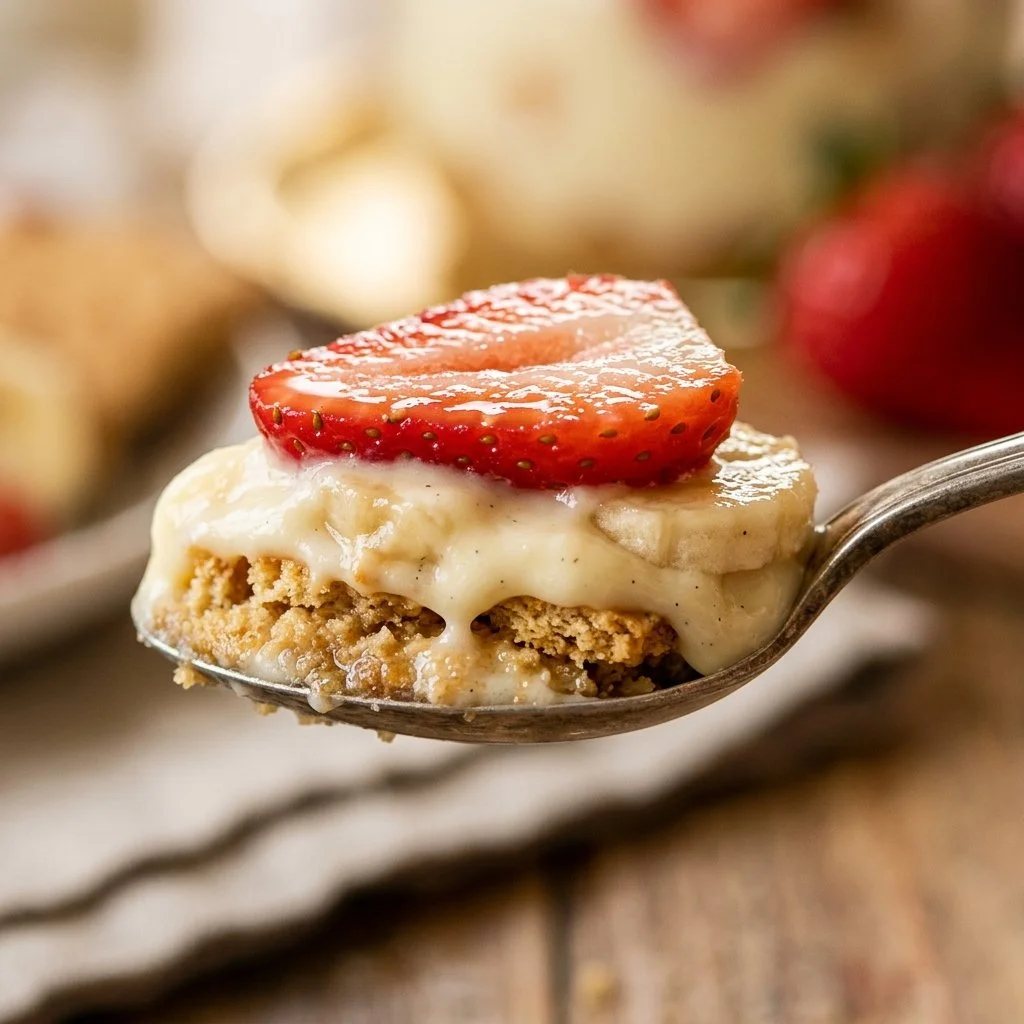 Delicious Strawberry Banana Pudding topped with fresh strawberries and bananas