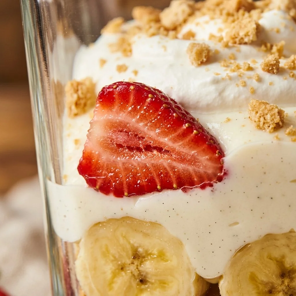 Delicious strawberry banana pudding cups topped with fresh fruit