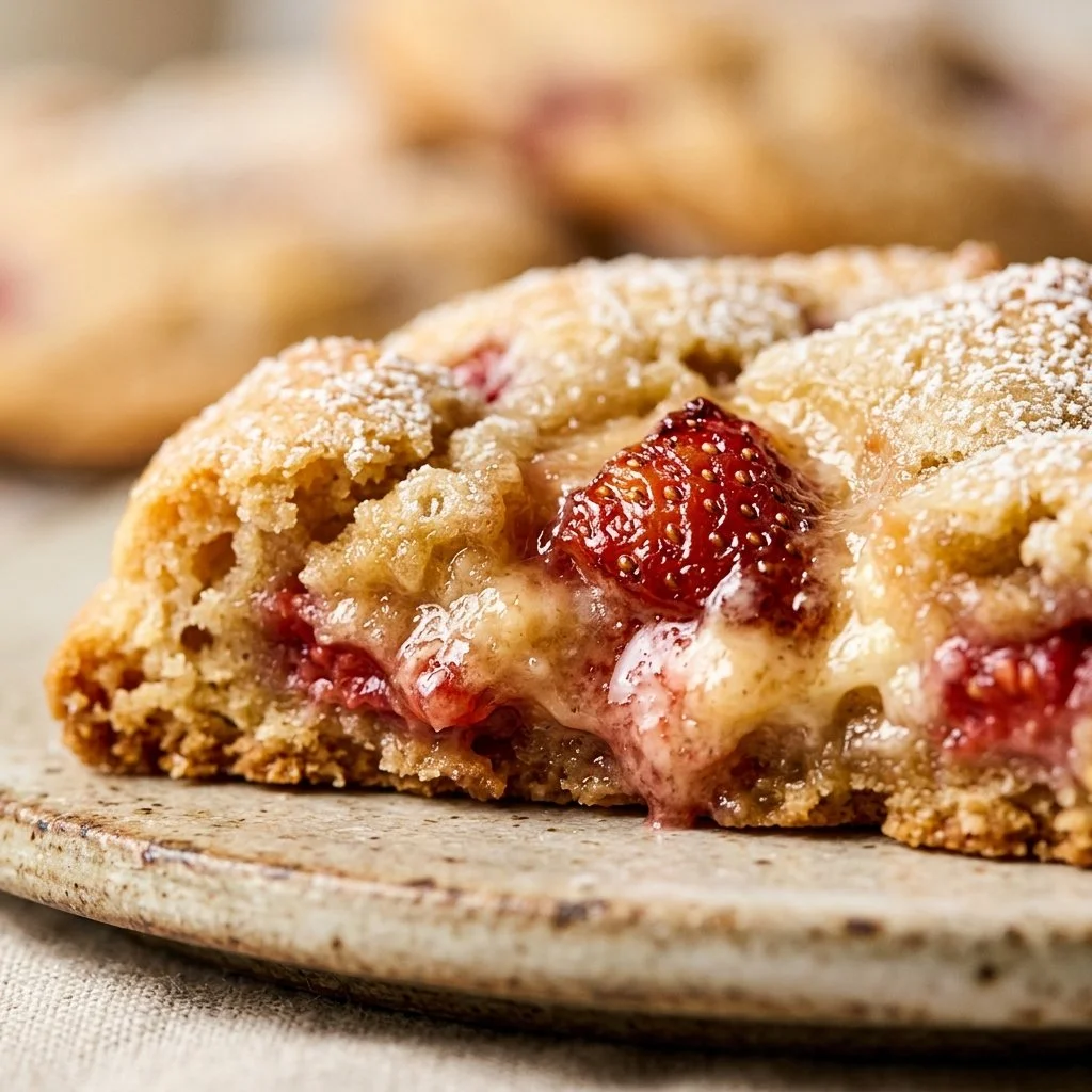 Strawberry cheesecake cookies with a creamy filling and fresh strawberries.
