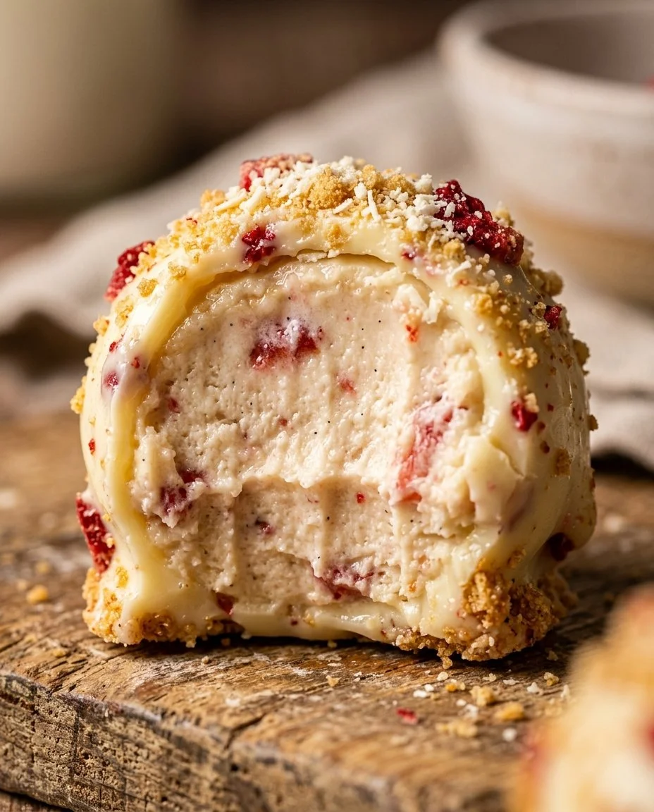 Delicious Strawberry Cheesecake Truffle Bites displayed on a white plate