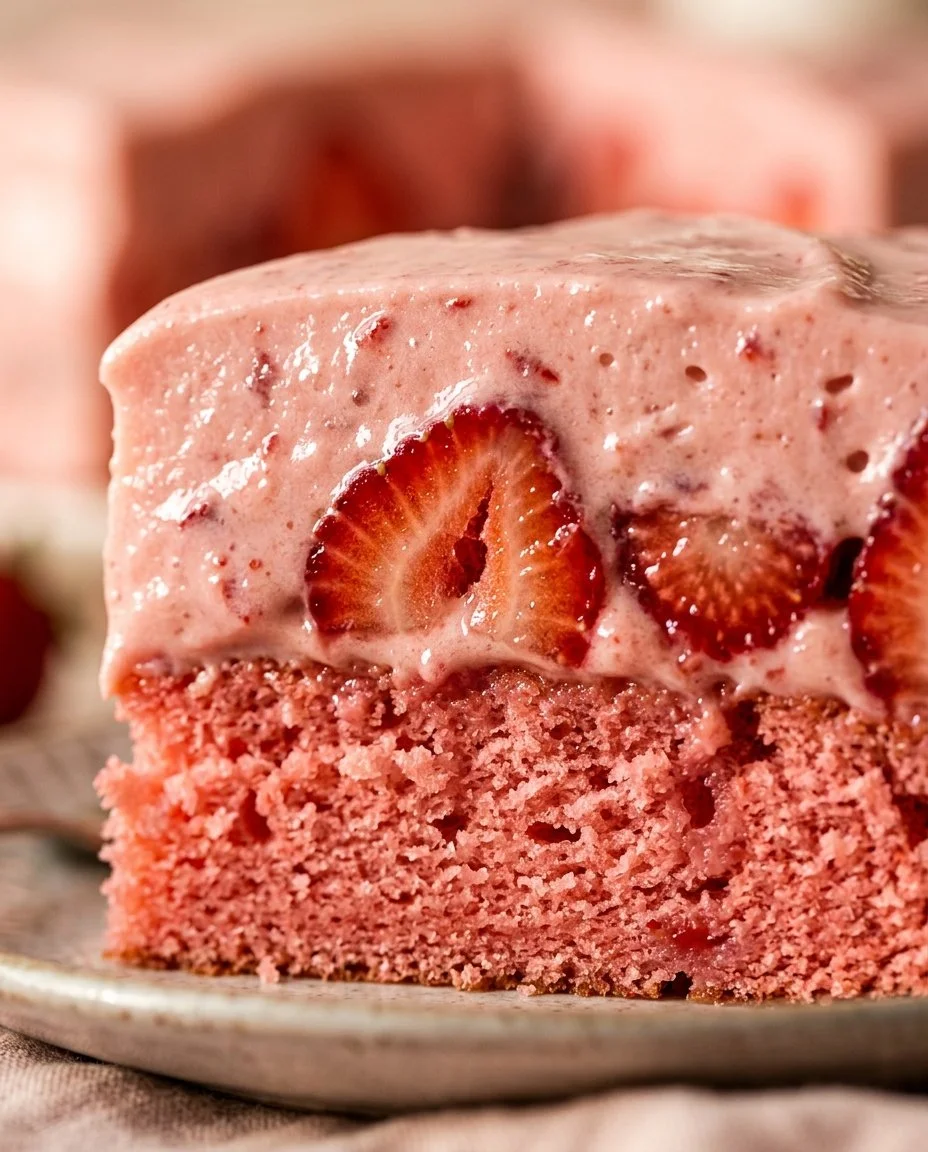 Delicious Strawberry Fluff Pudding Cake topped with fresh strawberries and cream.