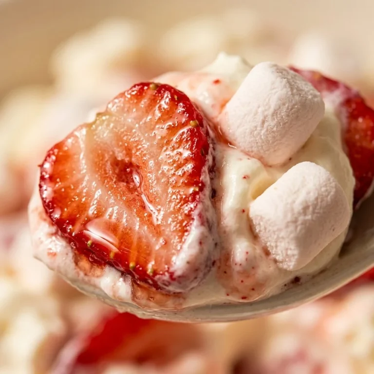 Delicious Strawberry Fluff dessert topped with fresh strawberries and whipped cream.
