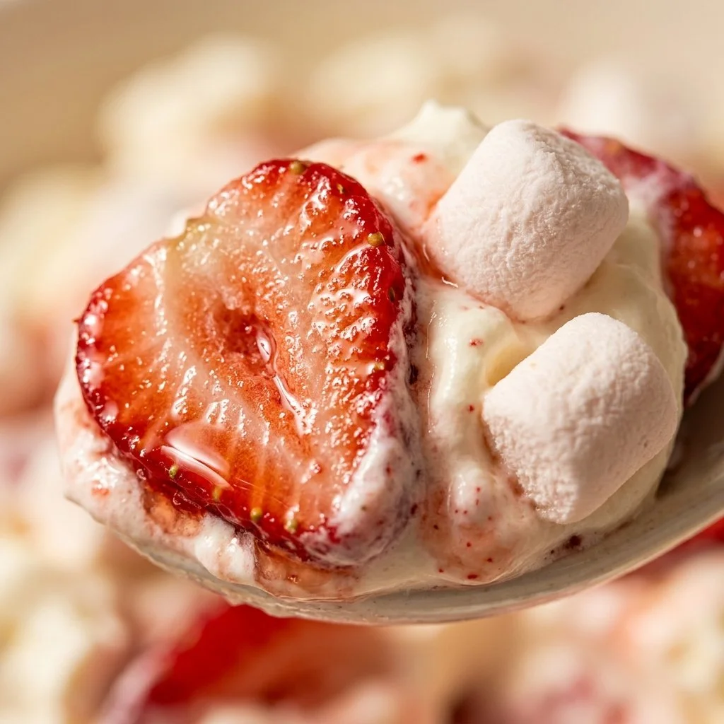 Delicious Strawberry Fluff dessert topped with fresh strawberries and whipped cream.