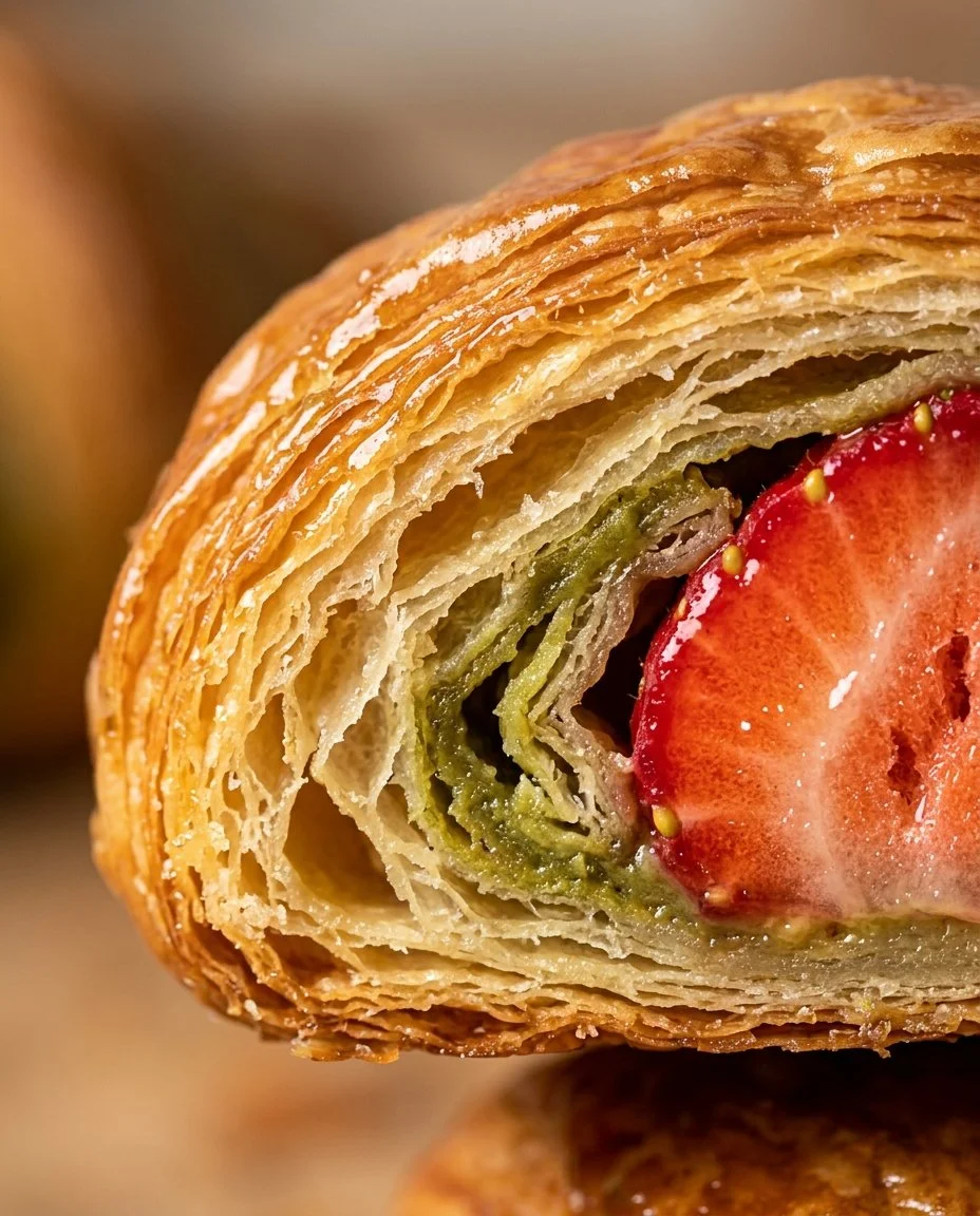 Delicious strawberry matcha croissants fresh from the oven, showcasing vibrant colors and flaky layers.