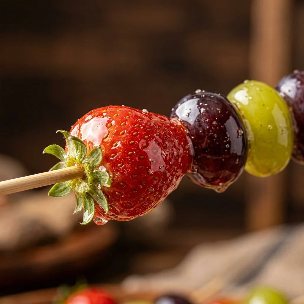 Tanghulu candied fruit skewers with vibrant colors and shiny glaze.