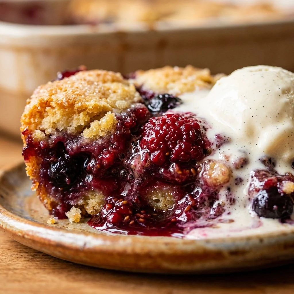 Delicious two-ingredient berry cobbler dessert in a baking dish