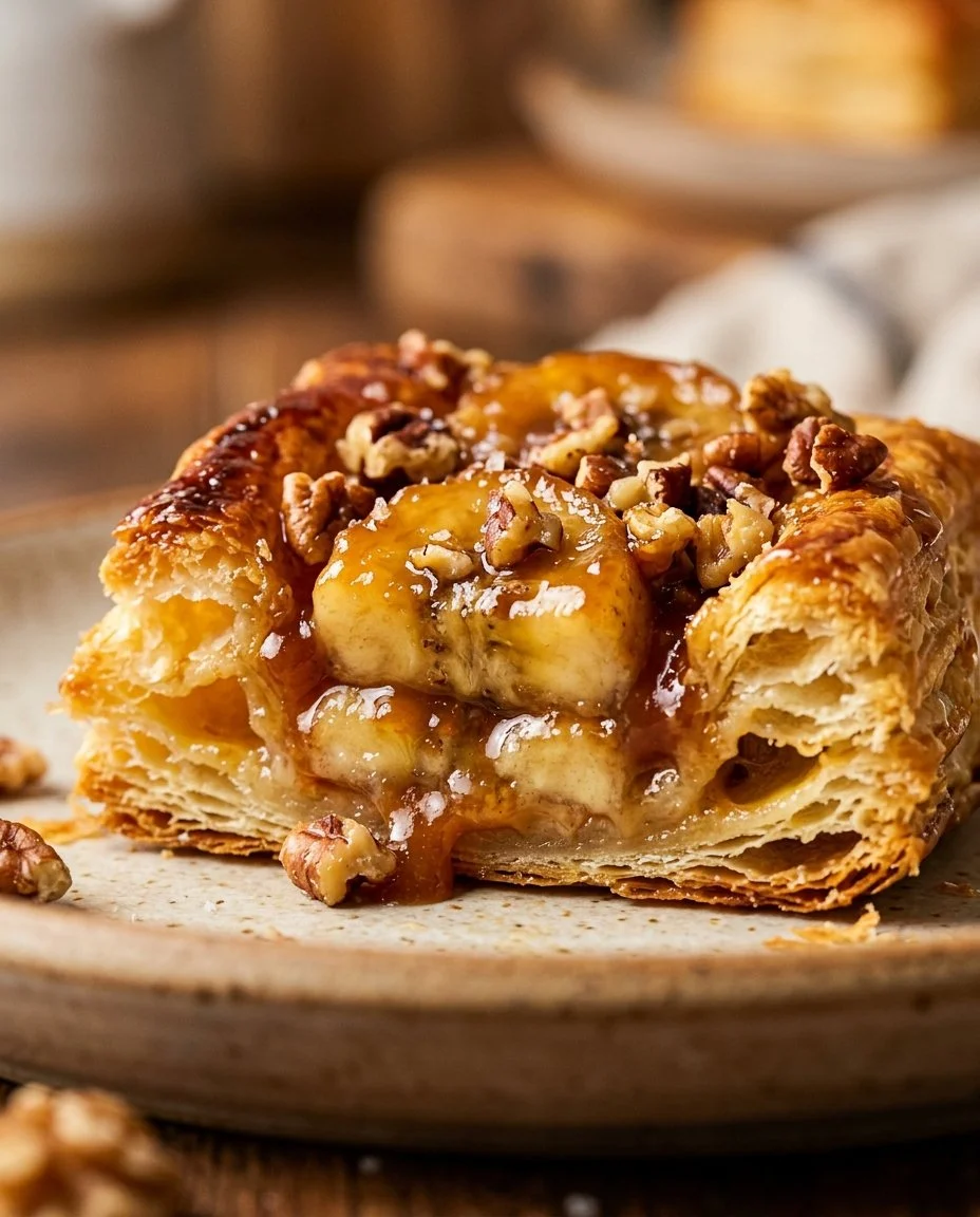 Delicious upside-down Banoffee pastry with caramel and bananas