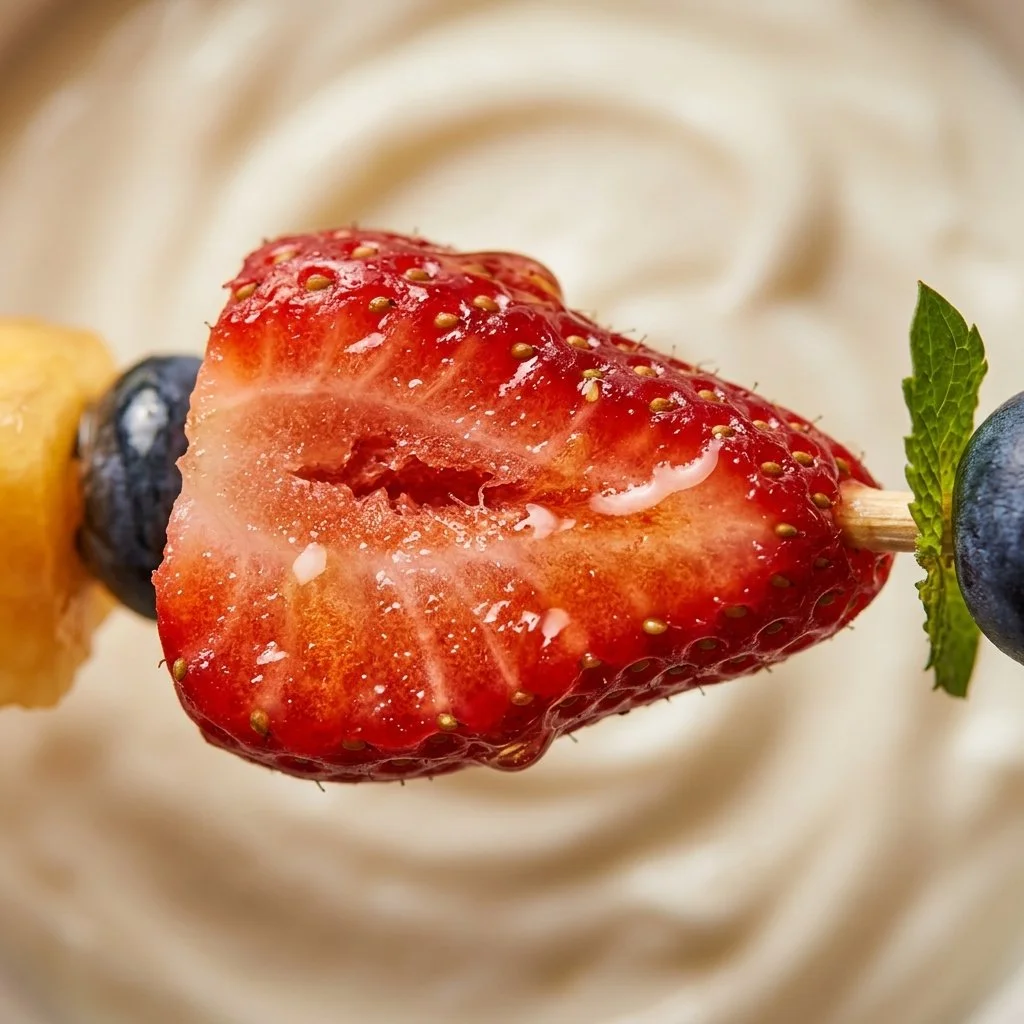 Vibrant rainbow fruit kabobs with yogurt dip on a plate.