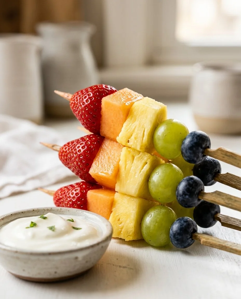 Vibrant Rainbow Fruit Kabobs with Yogurt Dip