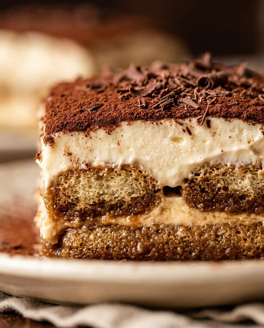 Delicious viral Tiramisu Cake garnished with cocoa powder and coffee beans