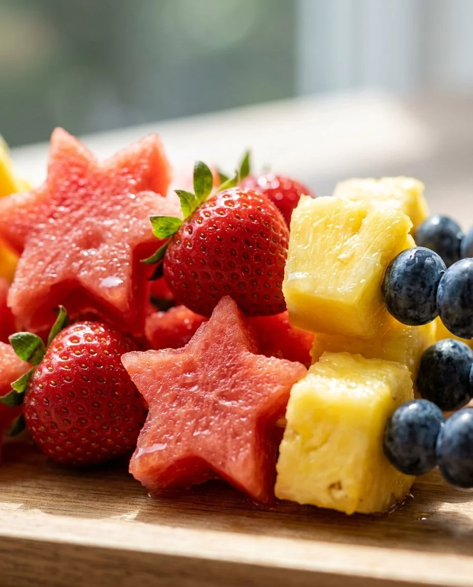 Colorful watermelon cake skewers arranged as fruit kabobs for a summer party.