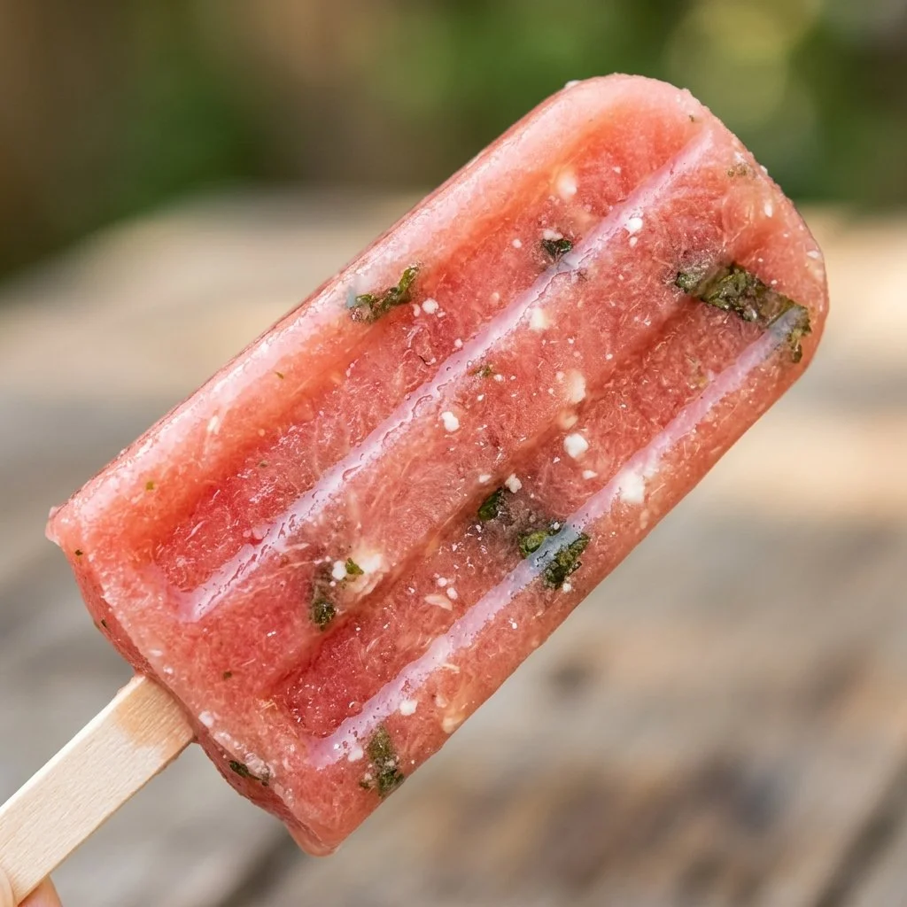 Delicious watermelon feta popsicle with vibrant colors and fresh ingredients