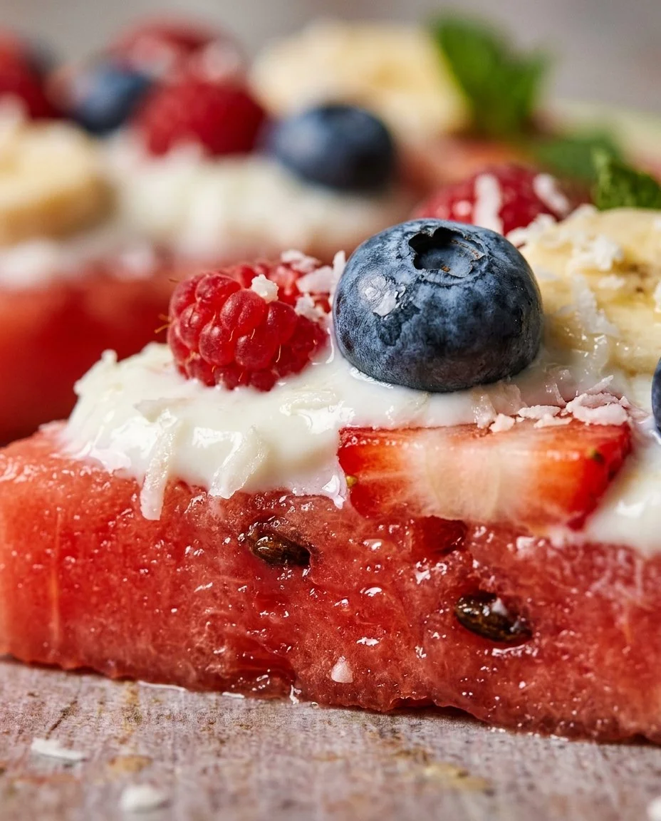 Colorful watermelon pizza-inspired fruit board with various toppings