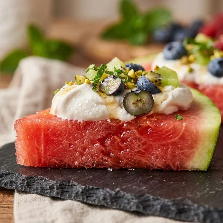 Delicious watermelon pizza topped with fruits and mint leaves