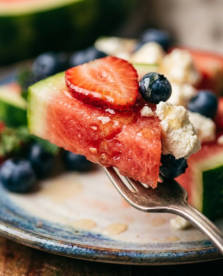 Colorful watermelon pizza skewers with toppings on a plate