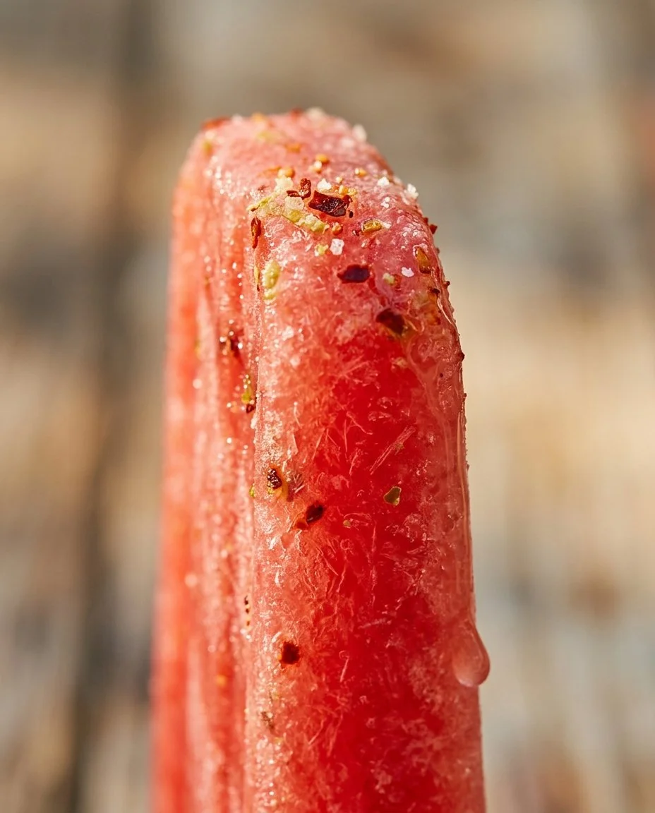 Delicious watermelon popsicles with a Tajin rim, perfect for summer treats.
