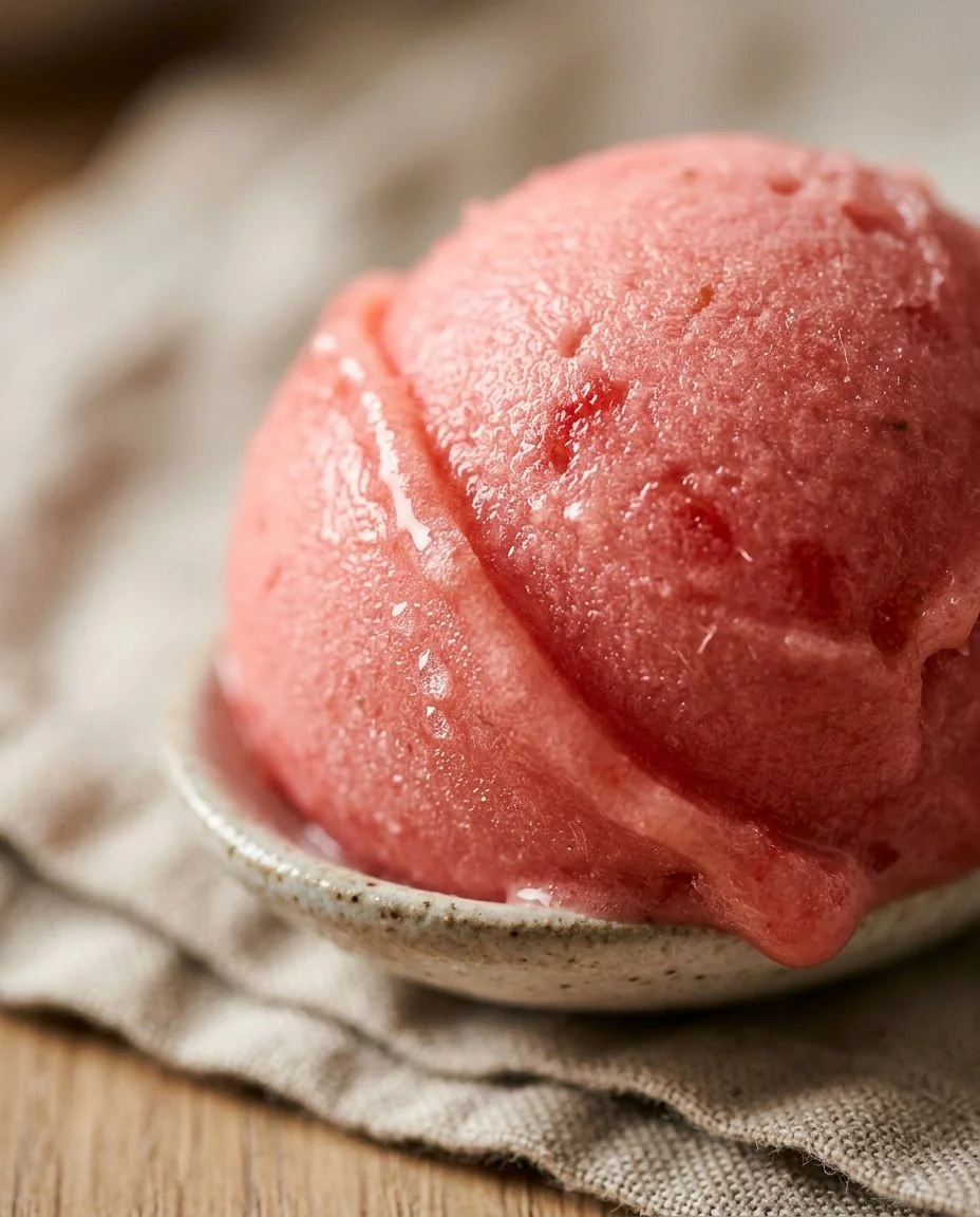 Bowl of vibrant watermelon sorbet with fresh mint leaves for garnish