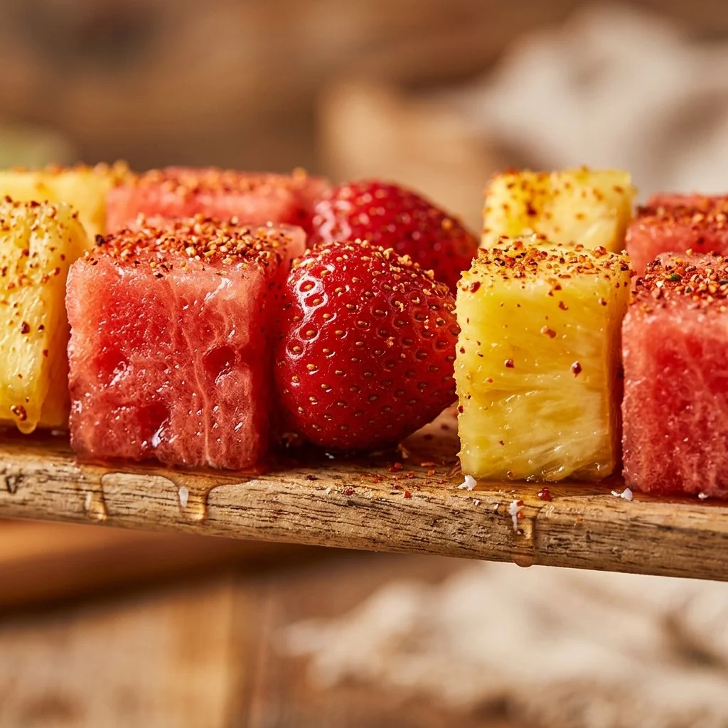 Delicious Watermelon Tajin Skewers garnished with Tajin seasoning on a wooden stick.